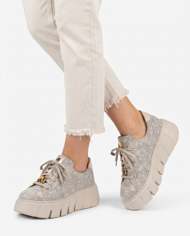 Maciejka Skórzane Sneakersy Na Platformie Beżowe Ażurowe 6891W-03/00-8