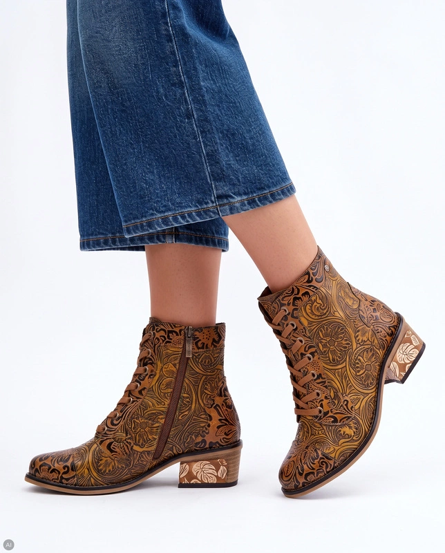 Maciejka Leather Ankle Boots Embossed Lace-Up Brown K7688-29/00-7