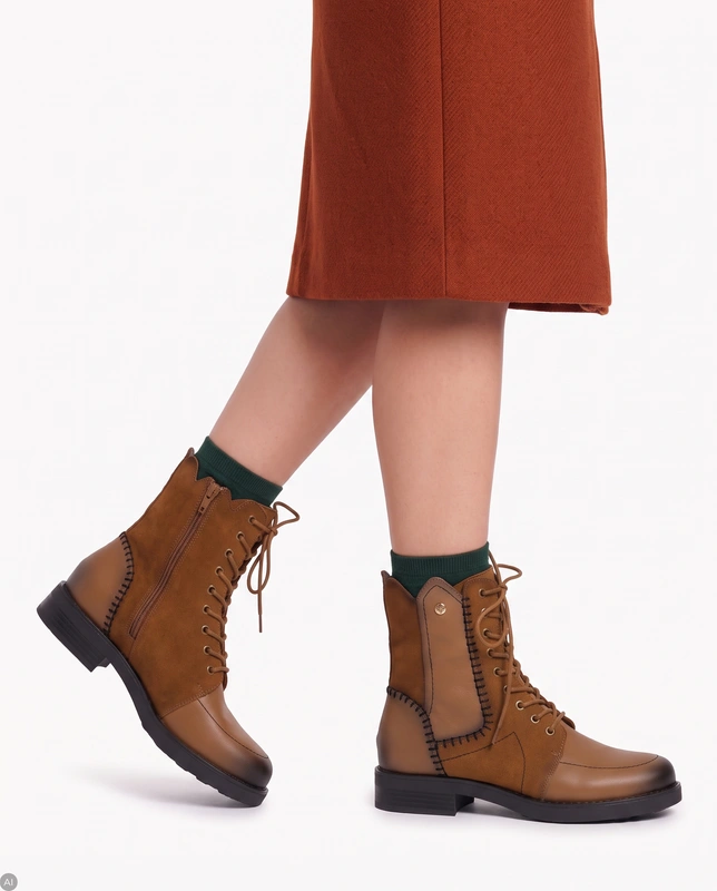 Maciejka Women’s Leather Lace-Up Boots Hand-Stitched Side Zip Cognac Brown A7155-07/00-7