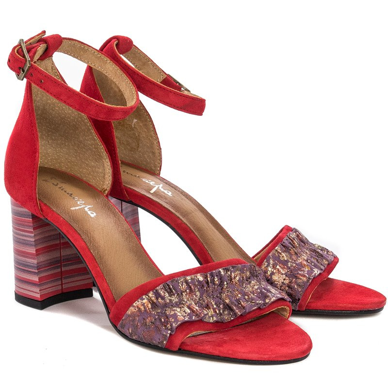 Maciejka Elegant Suede Block Heel Sandals Multicolored Striped Heel Red 04144-08/00-5