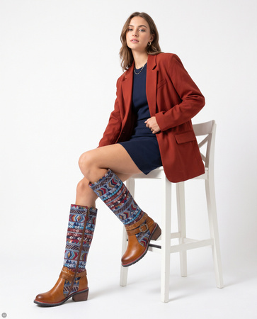 Maciejka Leather Ethno Embroidered Multicolored Cognac Knee High Boots K7683-29/00-7