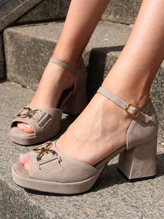 Maciejka Sandały na słupku skóra naturalna welurowa ciemny beż