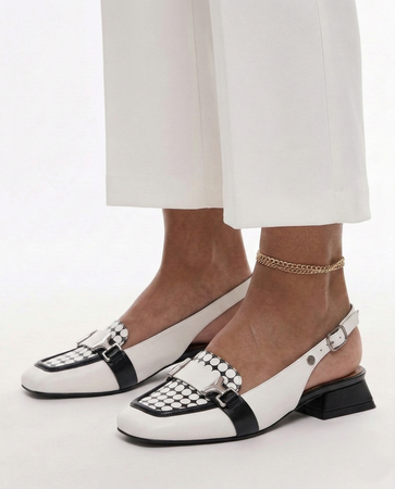 Maciejka Skórzane Półbuty Slingback Kwadratowy Nosek Klapek Biało-Czarne K7441-11/00-1