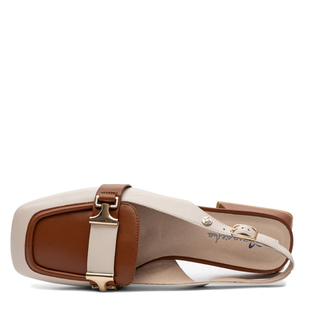 Maciejka Skórzane Półbuty Slingback Kwadratowy Nosek Niski Obcas Beżowo-Brązowe K7441-04/00-1