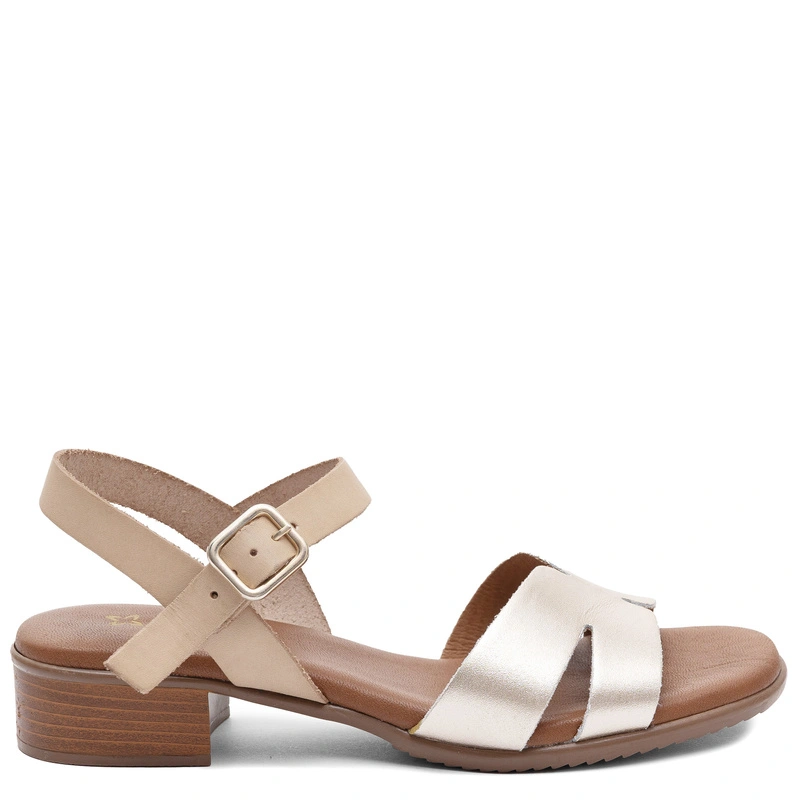 Maciejka Leather Sandals Elegant Low Block Gold Beige E7393-25/00-1