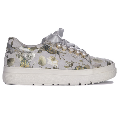 Maciejka Woman's Sneakers Grey Flowers Leather N6482-38/00-1