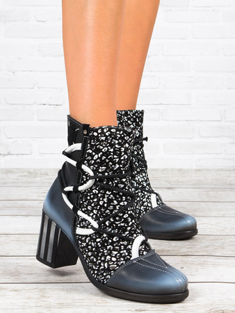 Maciejka Botki Premium Skórzane Na Słupku Czarny Niebieski 05605-01/00-7