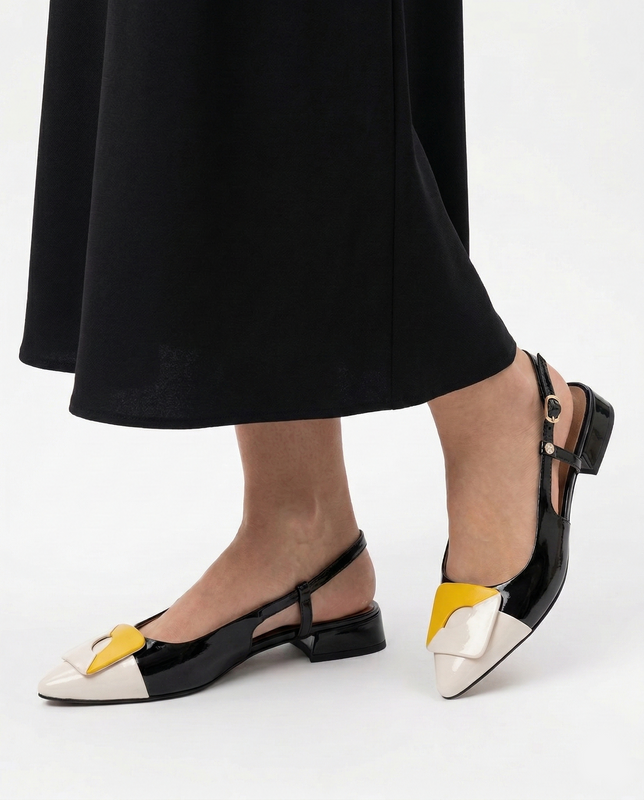 Maciejka Czółenka Skórzane Slingback Szpiczaste Czarno-Beżowo-Żółte K7427-01/00-1