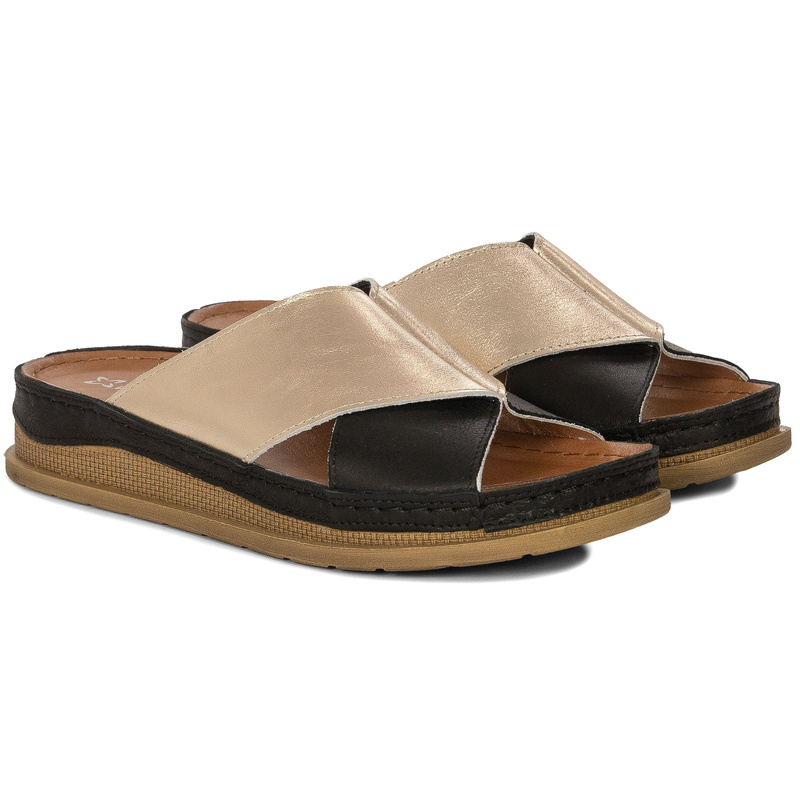 Maciejka Klapki Damskie Skórzane Czarno Złote