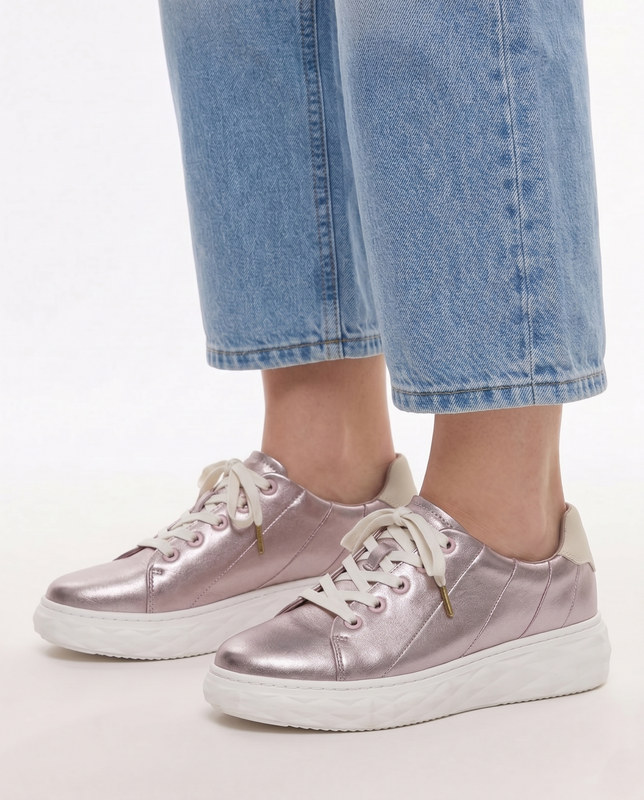 Maciejka Sneakersy Skórzane Miedziane Metaliczne na Platformie N6481-32/00-1