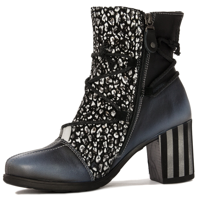 Maciejka Premium Leather Ankle Boots Block Heel Black Blue 05605-01/00-7