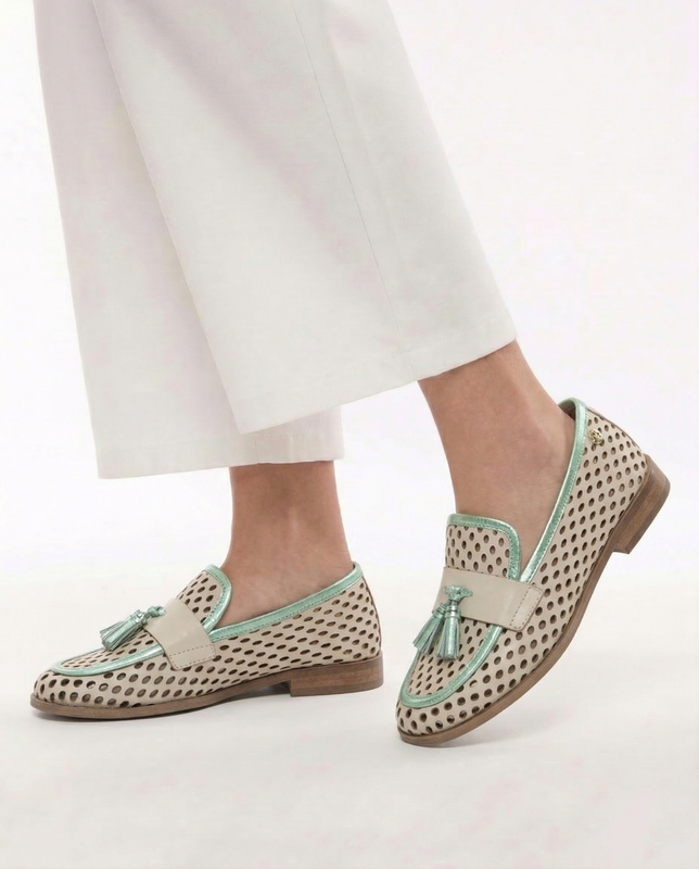 Maciejka Leather Openwork Loafers with Tassels Beige-Green HJ760-09/00-1