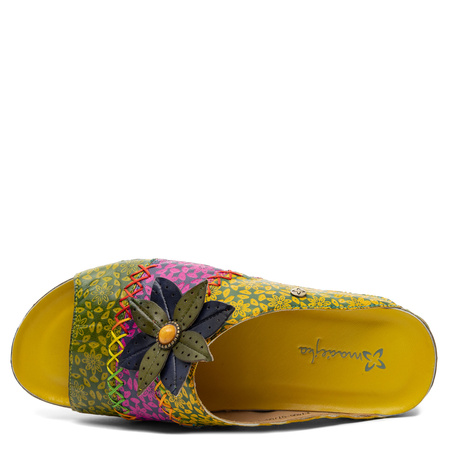 Maciejka Leather Slides Floral Appliqué Open Toe Yellow-Green-Pink K7408-07/00-1