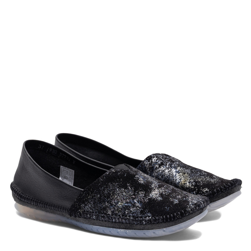 Maciejka Skórzane Półbuty Slip-On Metaliczne Czarno-Srebrne 1930W-47/00-0