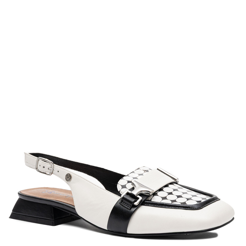 Maciejka Skórzane Półbuty Slingback Kwadratowy Nosek Klapek Biało-Czarne K7441-11/00-1