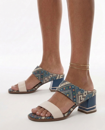 Maciejka Leather Mules Patterned Strap Stable Block Heel Beige-Navy K7522-04/00-1