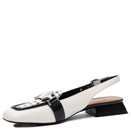 Maciejka Skórzane Półbuty Slingback Kwadratowy Nosek Klapek Biało-Czarne K7441-11/00-1