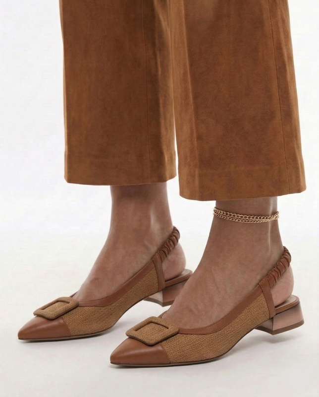 Maciejka Skórzane Czółenka Slingback Niski Obcas Brązowe K7466-29/00-1