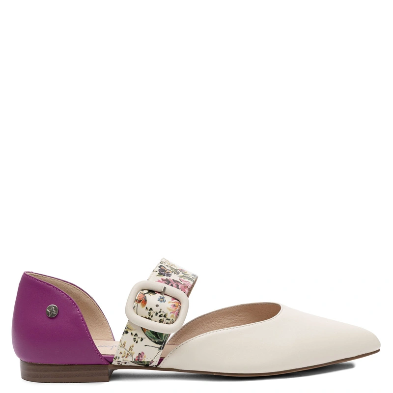 Maciejka Mary Jane Flats Leather Floral-Strap Pointed-Toe Beige-Pink K7438-15/00-1