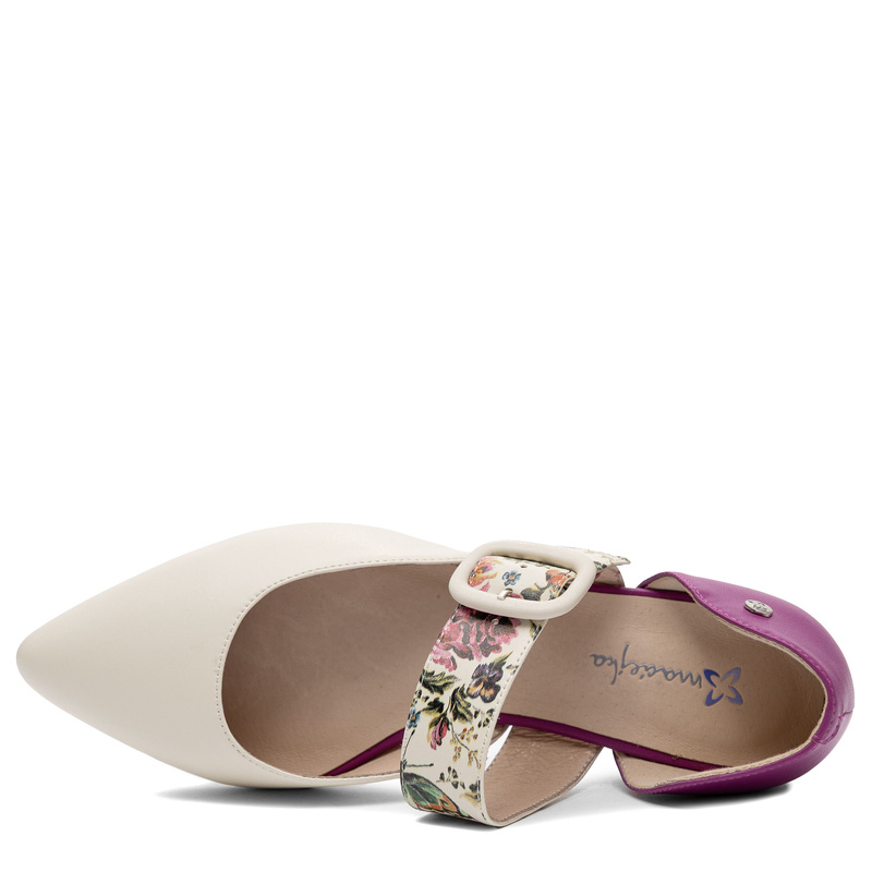 Maciejka Mary Jane Flats Leather Floral-Strap Pointed-Toe Beige-Pink K7438-15/00-1