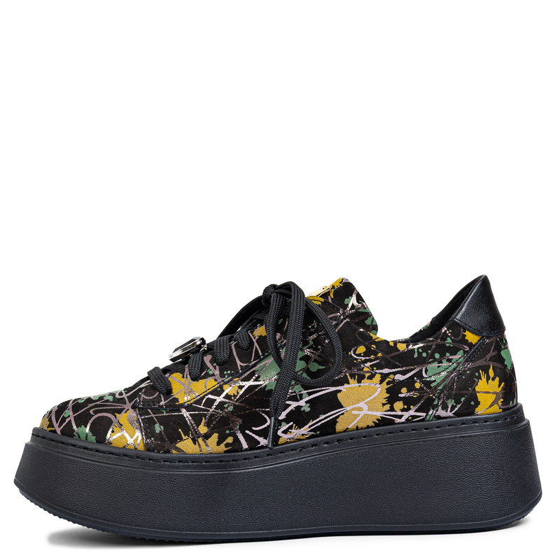 Maciejka Skórzane Sneakersy Na Platformie z Artystycznym Wzorem, Czerń  6191W-07/00-8
