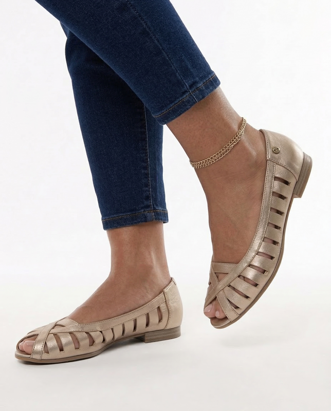 Maciejka Skórzane Baleriny Ażurowe Peep-Toe Złoty P7540-25/00-1