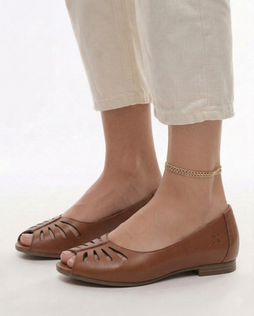 Maciejka Baleriny Skórzane Peep-Toe Ażurowe Brązowe P7541-29/00-1