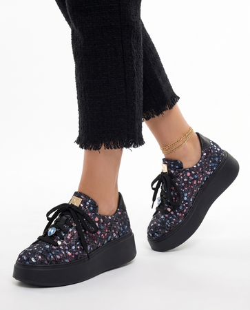Maciejka Leather Platform Sneakers With Confetti Print, Black 6191W-04/00-8