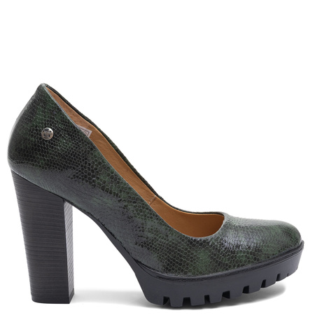 Maciejka Leather Pumps Snake Texture Block Heel Green 2629W-08/00-1