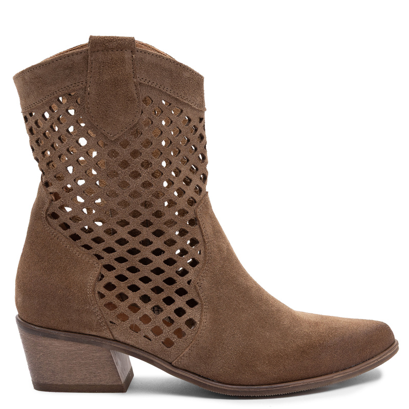 Maciejka Botki Skórzane Ażurowe Welurowe Brązowe 1734-TOFI-WEL