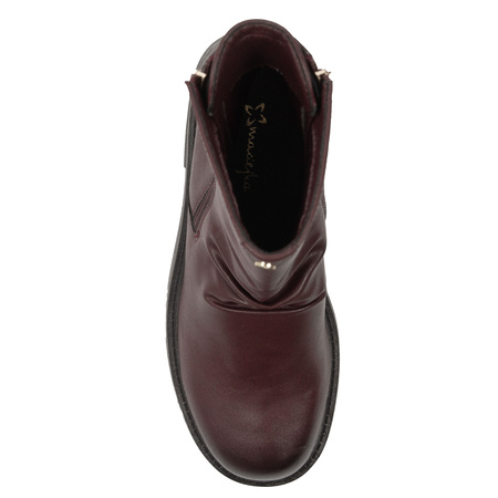 Maciejka Botki Skórzane z Podwójnym Zamkiem Na Niskim Obcasie Bordowy A7159-23/00-7