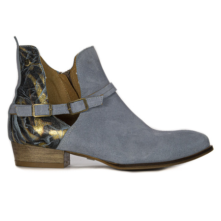 Maciejka Botki skórzane welurowe kowbojki niebieskie