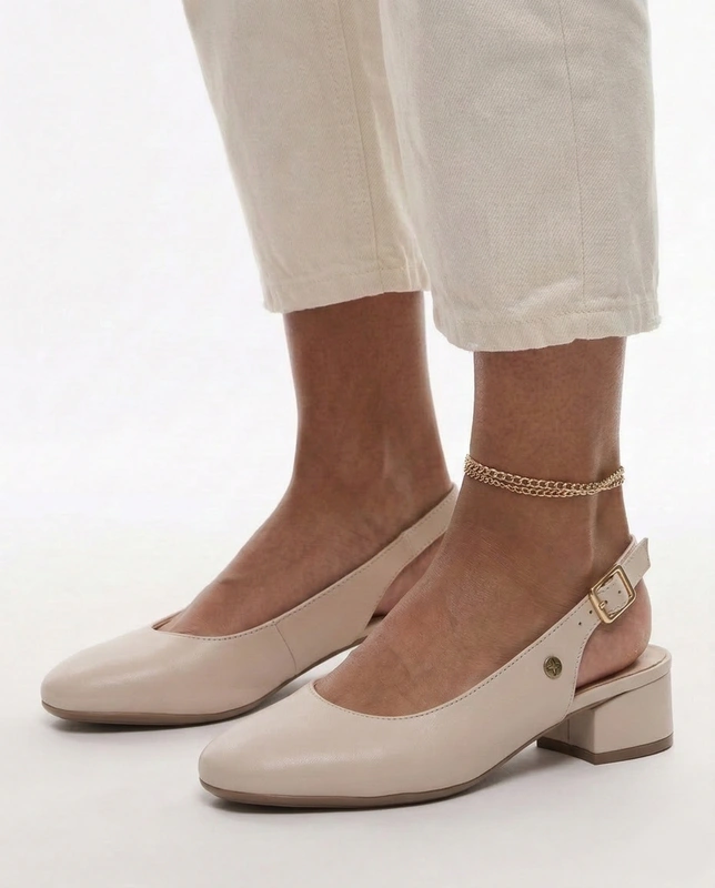 Maciejka Skórzane Czółenka Slingback Niski Słupek Beżowe P7492-37/00-1