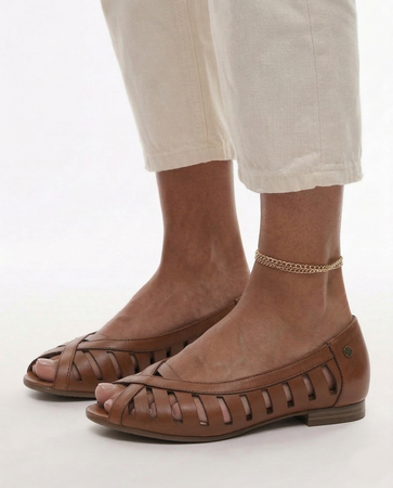 Maciejka Baleriny Skórzane Ażurowe Peep-Toe Brązowe P7540-29/00-1