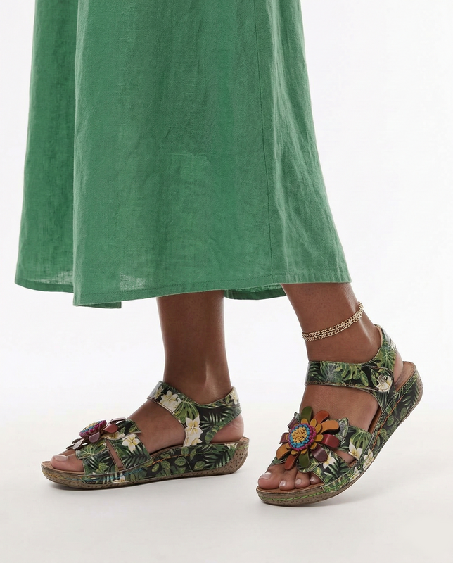 Maciejka Leather Sandals with Velcro Strap and Flower Applique Green-Multicolor K7418-09/00-1