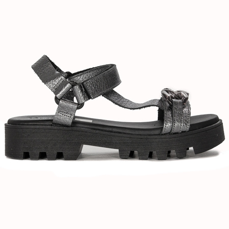 Maciejka Silver + Grey leather women's flat velcro sandals