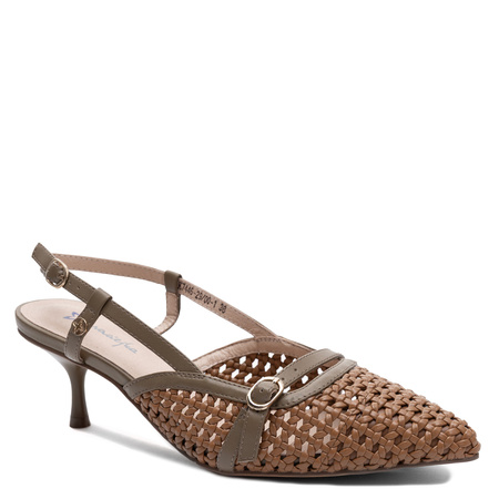 Maciejka Czółenka Skórzane Ażurowe Slingback Szpiczasty Nosek Brązowy K7446-29/00-1
