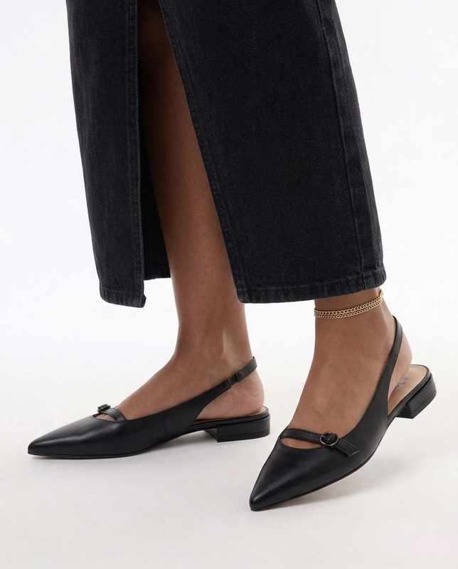 Maciejka Czółenka Slingback Skórzane Płaskie Czarne K7449-01/00-1