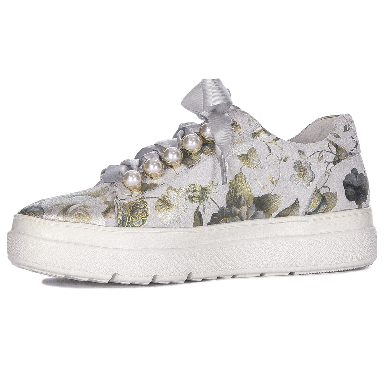 Maciejka Skórzane Sneakersy Kwiatowy Wzór Perłowe Detale Popiel N6482-38/00-1