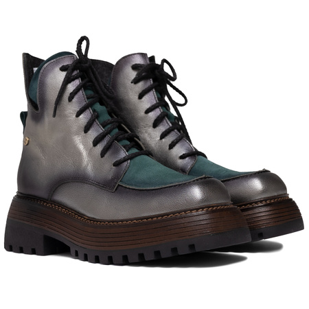 Maciejka Leather Lace-Up Platform Ankle Boots Silver-Green 07110-09-00-8