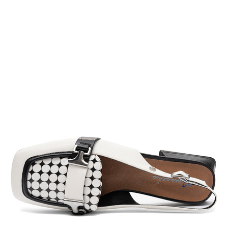 Maciejka Skórzane Półbuty Slingback Kwadratowy Nosek Klapek Biało-Czarne K7441-11/00-1