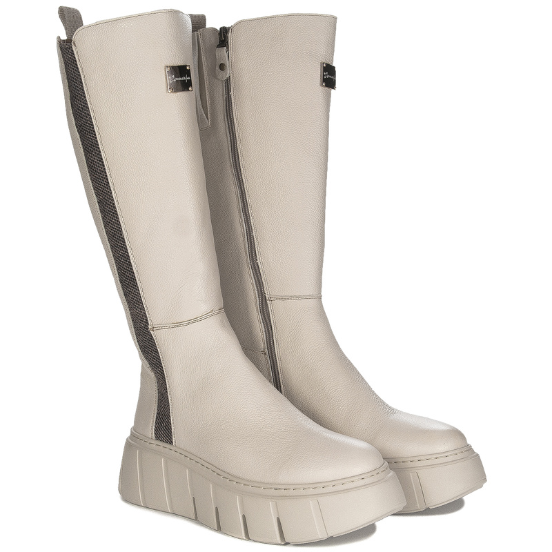 Maciejka Beige Leather Platform Knee-High Boots