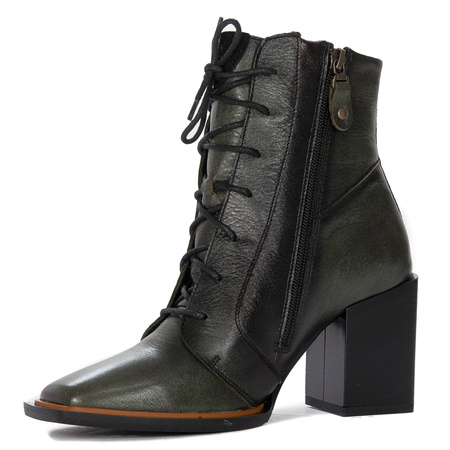 Maciejka Premium Leather Lace-Up Block Heel Ankle Boots Green 05667-09/00-8