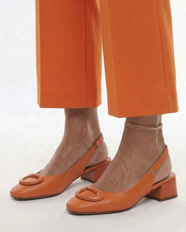 Maciejka Czółenka Skórzane Slingback na Klocku Pomarańczowe K7474-18/00-1