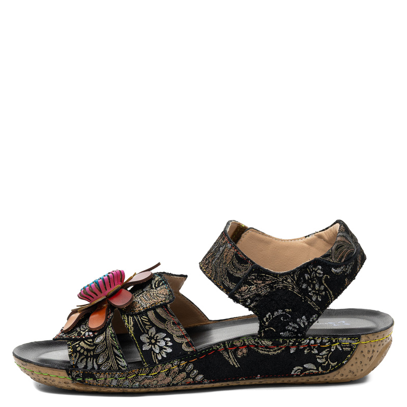 Maciejka Leather Sandals with Velcro Strap and Flower Applique Black-Multicolor K7418-01/00-1