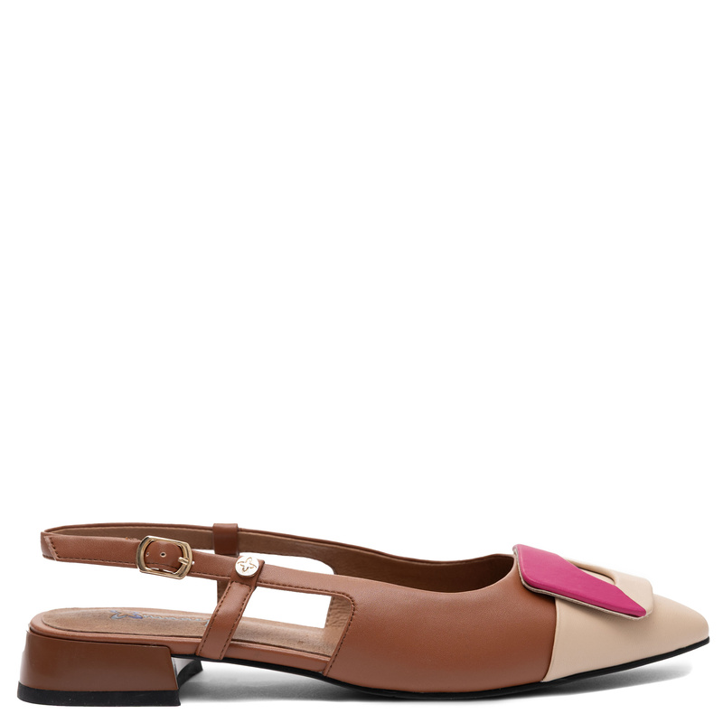 <h1>Maciejka Czółenka Skórzane Slingback Szpiczaste Niski Obcas Beżowo-Brązowe Z Różowym Akcentem K7427-02/00-1