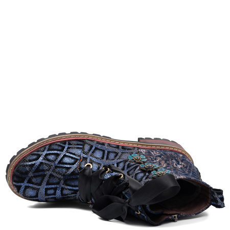 Maciejka Leather Ankle Boots Navy Blue Patchwork Floral Lace-Up K7687-17/00-7