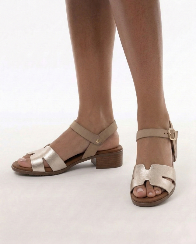 Maciejka Leather Sandals Elegant Low Block Gold Beige E7393-25/00-1