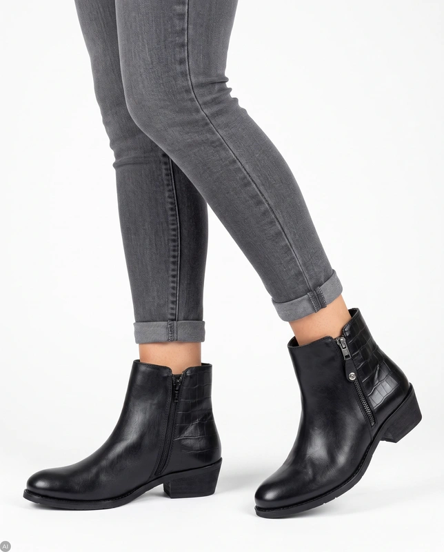 Maciejka Double-Zip Leather Ankle Boots with Croco Texture Black H7170-01/00-7