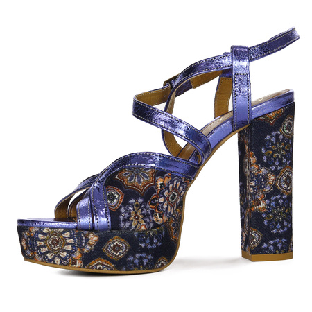 Maciejka Women's Stiletto Leather Sandals Dark Blue with Flowers